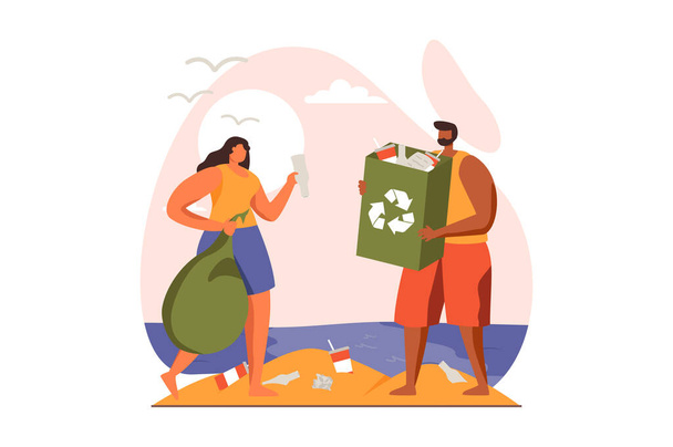 Pessoas coletando conceito de teia de lixo em design plano. Homem e mulher recolhendo resíduos de plástico em sacos na praia, classificando lixo em recipientes para reciclagem. Ilustração com a cena das pessoas - Foto, Imagem