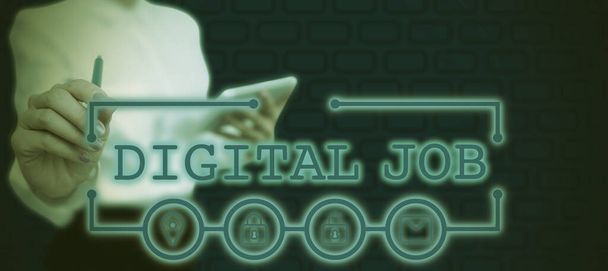 Digital Job 'u gösteren imza, İnternet ve kişisel bilgisayarlı bayan takımla birlikte başarılı takım çalışmalarını sembolize eden bir kalem ile yapılan ödeme görevi için kelime.. - Fotoğraf, Görsel