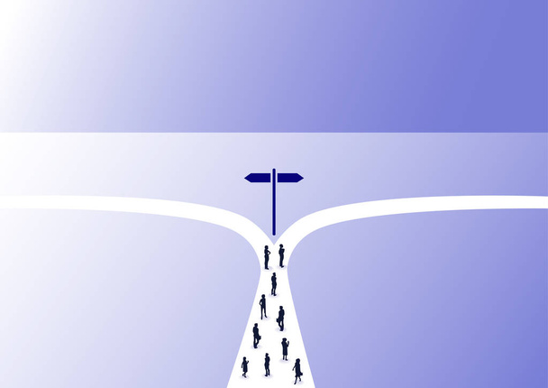 Бізнес-напрямок та концепція зміни бізнесу. Векторна ілюстрація групи людей, які чекають на двосторонньому перехресті з двома альтернативами. Погляд птаха на людей і знак напрямку
.  - Вектор, зображення