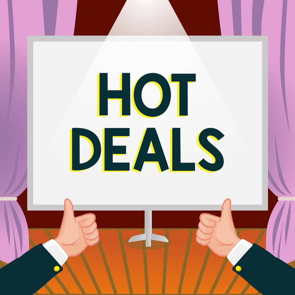 Inspiráló szöveg Hot Deals, Business showcase Egy megállapodás, amelyen keresztül az egyik paties kínálnak, és elfogadja Hands Thumbs Up Showing New Ideas. Palms hordozása jegyzet bemutató tervek - Fotó, kép