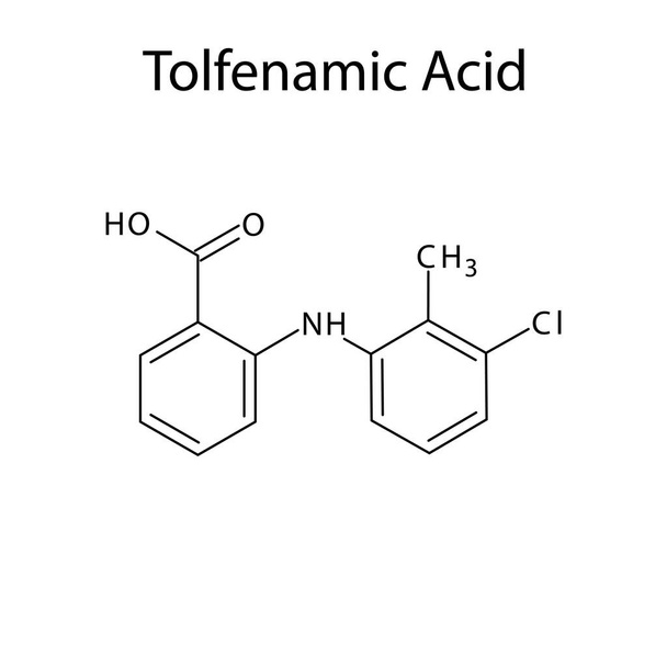 Molekulare Struktur der Tolfenaminsäure, flache chemische Formel des Skeletts. NSAID Medikament zur Behandlung von Schmerzen, Kopfschmerzen, Migräne. Vektorillustration. - Vektor, Bild