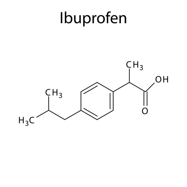 Struttura molecolare dell'ibuprofene, formula chimica scheletrica piatta. Farmaco FANS usato per trattare il dolore, mal di testa, dolore dentale. Illustrazione vettoriale. - Vettoriali, immagini
