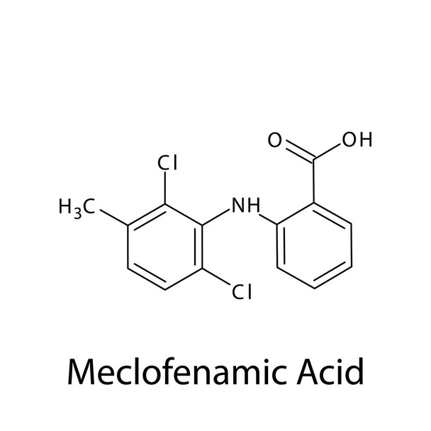 Μεκλοφεναμικό οξύ μοριακή δομή, επίπεδος σκελετικός χημικός τύπος. NSAID φάρμακο που χρησιμοποιείται για τη θεραπεία της δυσμηνόρροιας, πόνος, ρευματοειδής αρθρίτιδα, ημικρανία. Εικονογράφηση διανύσματος. - Διάνυσμα, εικόνα