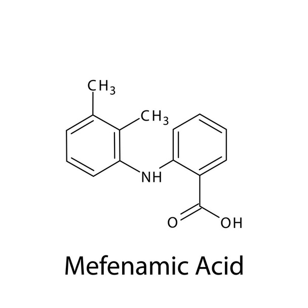 Молекулярная структура мефеномовой кислоты, плоская химическая формула скелета. НПВП препарат, используемый для лечения дисменореи, боли. Векторная иллюстрация. - Вектор,изображение