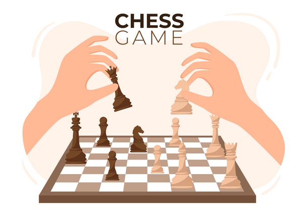 Chequered Chess Game Board Cartoon Background Illustration with Black and White Pieces for Hobby Activity, Competition or Tournament - Vector, Image
