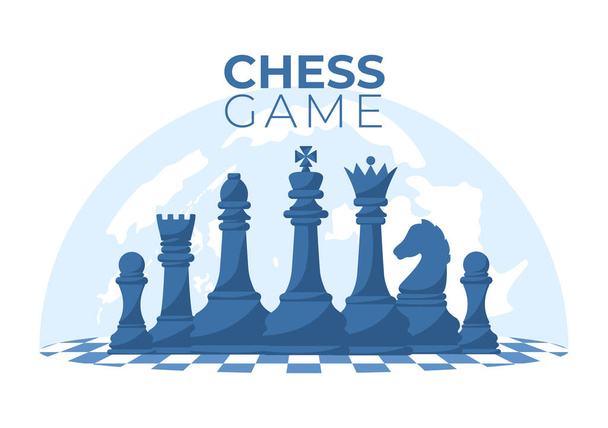 Chequered Chess Game Board Cartoon Background Εικονογράφηση με μαύρο και άσπρο κομμάτια για χόμπι δραστηριότητα, τον ανταγωνισμό ή τουρνουά - Διάνυσμα, εικόνα