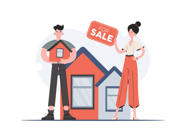 A man and a woman are standing in full growth with a sale sign. House sale. Flat style. Element for presentations, sites. Vector illustration - Vector, Image