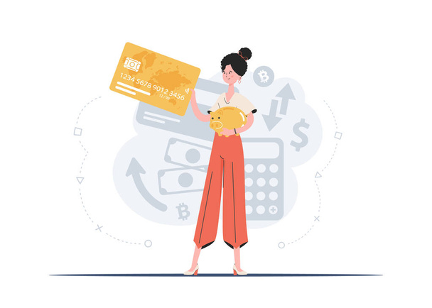 Жінка стоїть в повному зростанні, тримаючи кредитну картку в руках. Накопичення. Плоский стиль. Елемент для презентацій, сайтів. Векторні ілюстрації
 - Вектор, зображення