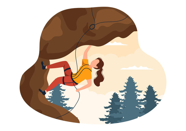 Иллюстрация скалолазания с помощью альпинистских стен или горных скал с использованием оборудования на фоне природного ландшафта - Вектор,изображение
