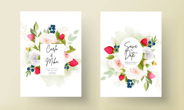 όμορφο χέρι σχέδιο τριαντάφυλλα λουλούδι γαμήλια πρόσκληση κάρτα με φράουλα και μούρων σχεδιασμό - Διάνυσμα, εικόνα