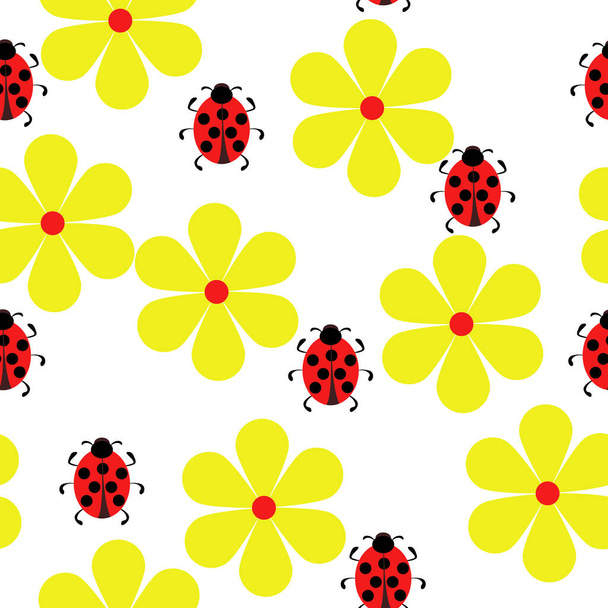 Coccinelles et fleurs jaunes motif sans couture, insectes et plantes mignonnes sur fond blanc illustration vectorielle - Vecteur, image