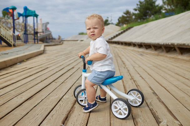 Sevimli bebek dengeli bisiklete binmeyi öğreniyor. Küçük bir çocuk güneşli bir parkta bisiklet sürmeye çalışır. Çocuk motosikletçi olmayı hayal ediyor. - Fotoğraf, Görsel