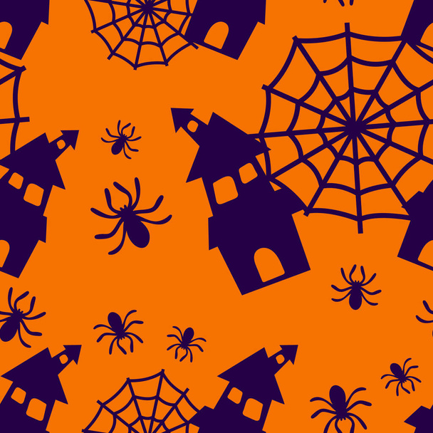 Halloween naadloos patroon met enge huizen en spinnenwebben. Feestelijke oranje patroon, kleurrijke Halloween print. Herfst behang of achtergrond - voor weefsels, voor textiel, voor inpakpapier - Vector, afbeelding