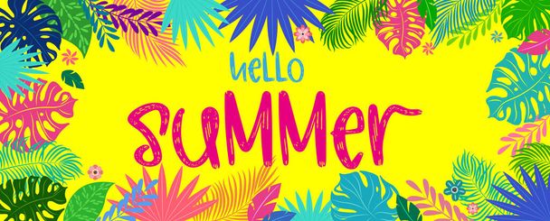 Hallo zomer. Kleurrijke zomerse achtergrond met tropische planten, banner design. Horizontale poster, wenskaart, website header in felle kleur - Vector, afbeelding