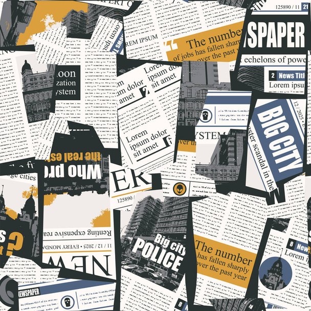 Seamless pattern with a collage of newspaper or magazine clippings. Retro style vector background with titles, illustrations and imitation text. Suitable for wallpaper design, wrapping paper, fabric - Vecteur, image