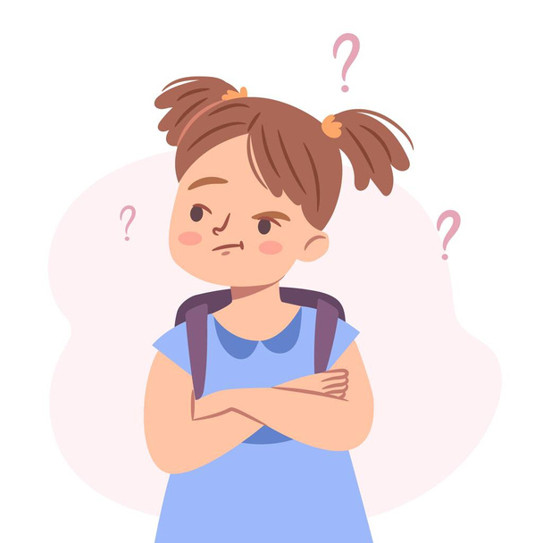 Cute confused little girl. Young girl standing in doubt, thinking of dilemma. Puzzled kid with a backpack. Flat character vector illustration. - Vector, Image