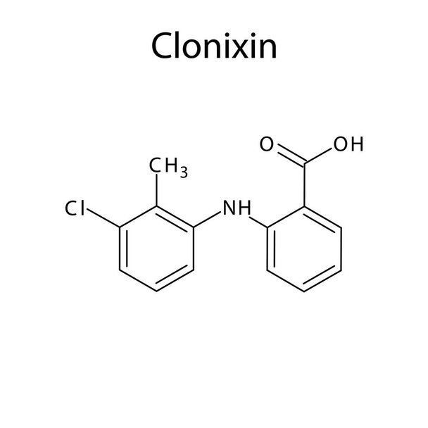 Молекулярна структура клоніксину, плоска скелетна хімічна формула. Наркотик НПЗП використовується для лікування болю, запалення, артриту. Векторні ілюстрації
. - Вектор, зображення