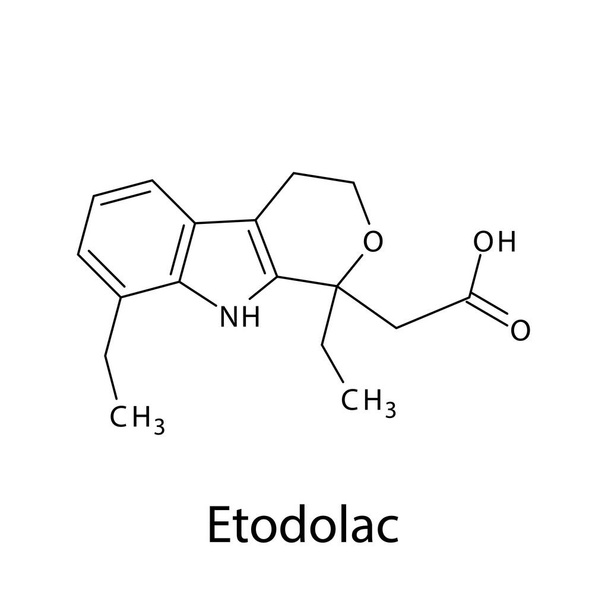 Etodolac molecular structure, flat skeletal chemical formula. NSAID drug used to treat pain, arthralgia, mylagia, dental pain, rheumatoid arthritis, osteoarthritis.  Vector illustration. - Vector, Image