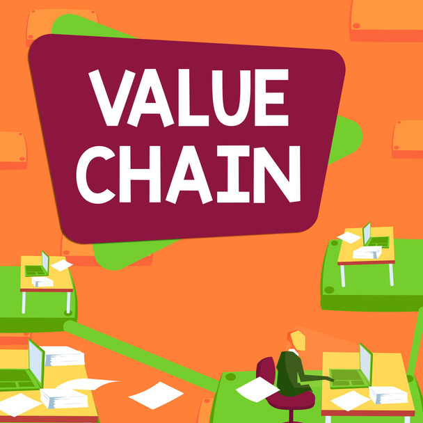 Sign display Value Chain, Word for Business manufacturing process Analiza rozwoju przemysłu Mężczyzna pracownik biurowy wykorzystujący dostępne technologie materiały biurowe. - Zdjęcie, obraz