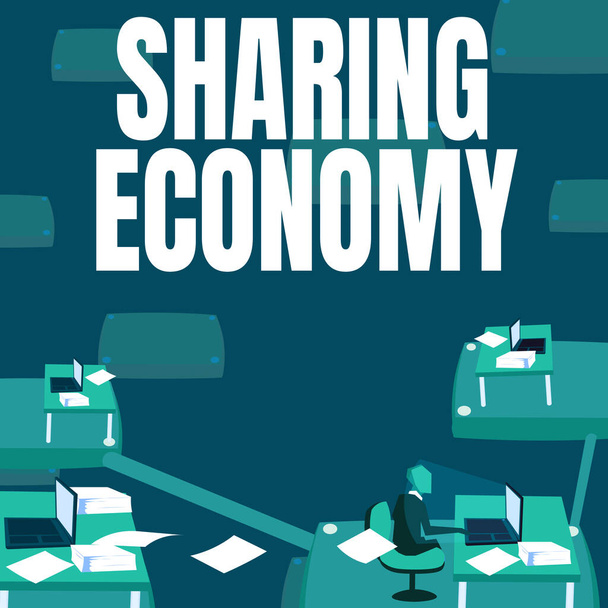 Bildunterschrift: Sharing Economy, Geschäftsidee Wirtschaftsmodell, das auf der Bereitstellung von Zugang zu Waren basiert. - Foto, Bild