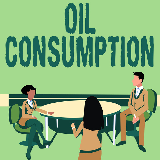 手書きのサイン石油消費量,このエントリのための単語は、一日あたりのバレルで消費される総油です同僚はチームワークを達成するプロジェクトのアイデアを提示している. - 写真・画像