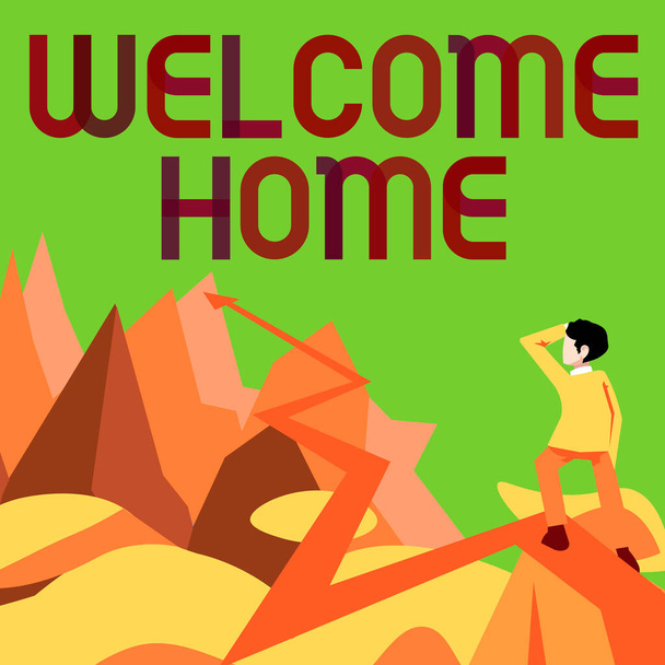 Text caption presenting Welcome Home, Business concept Expression Greetings New Owners Domicile Doormat Entry Man watching horizon arrow pointing symbolizing future project success. - Photo, Image