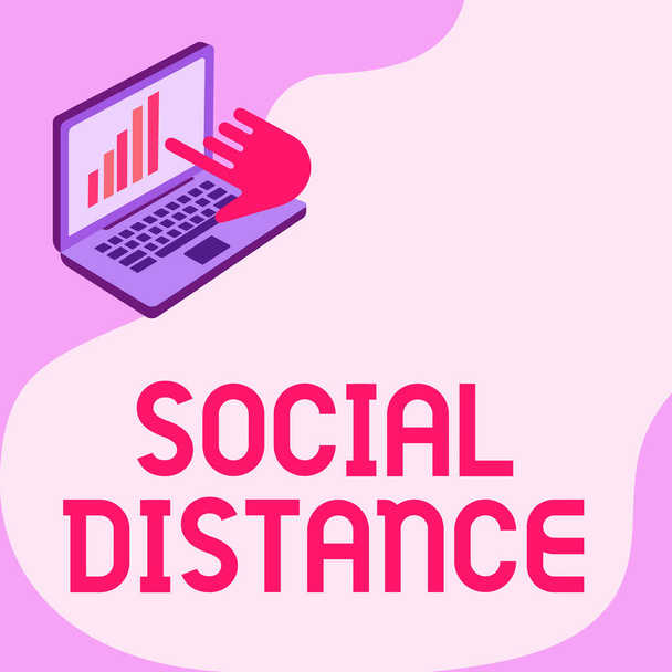 Az ihletet adó szöveg Social Distance. Üzleti koncepció elfogadottságának mértéke általános interakció magánszemélyek Laptop rajz megjelenítése Grafikonnövekedés mutató képernyő. - Fotó, kép