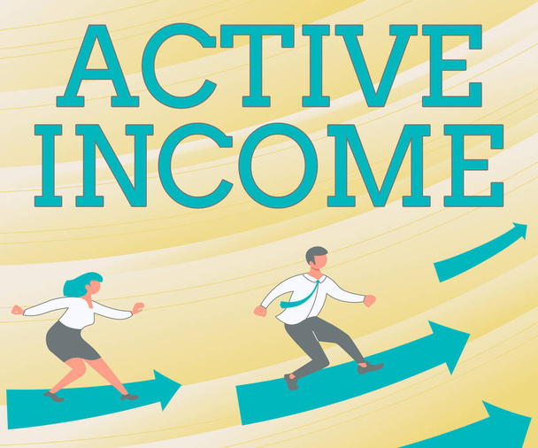 Active Income, Internet-Konzept Lizenzgebühren Gehälter Renten Finanzinvestitionen Tipps Pfeile, die zwei Kollegen zu einer besseren Finanzplanung führen - Foto, Bild