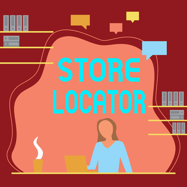 Szöveges megjelenítés Store Locator, Üzleti koncepció, hogy tudja a címet kapcsolattartási szám és munkaidő Nő ül az asztalon dolgozik, és bemutatja az új technológiák. - Fotó, kép