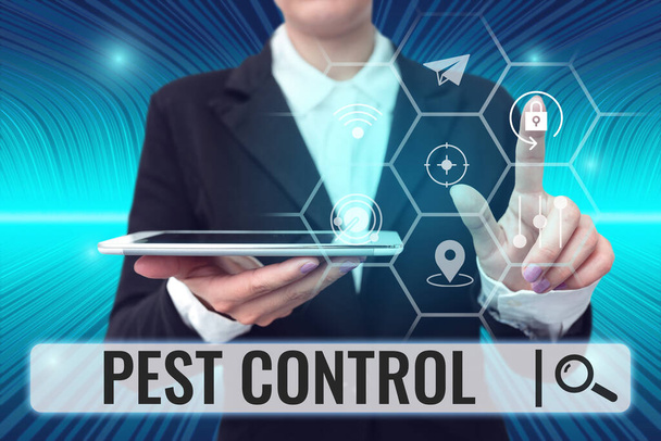 Inspiration showing sign Pest Control, Internet Concept Killing destructive insects that attacks crops and livestock Lady holding tablet symbolizing successful teamwork accomplishments. - Photo, Image