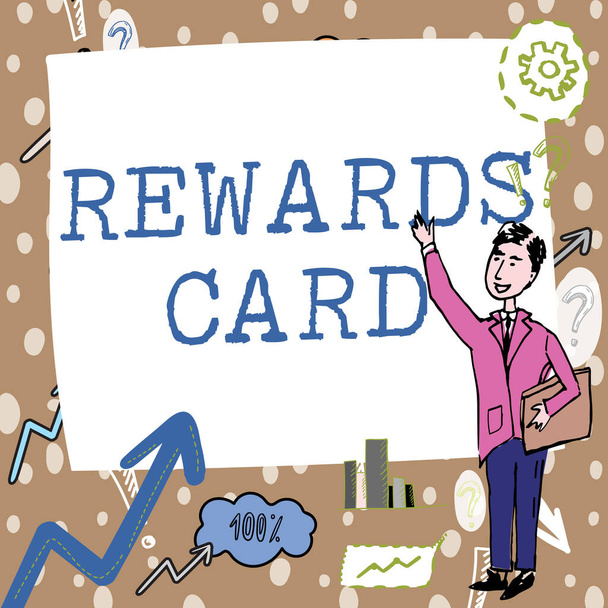 Texto título presentación de la tarjeta de recompensas, Palabra para ayudar a ganar puntos en efectivo millas de la compra diaria Incentivos Caballero Dibujo de pie señalando dedo en blanco pizarra. - Foto, imagen