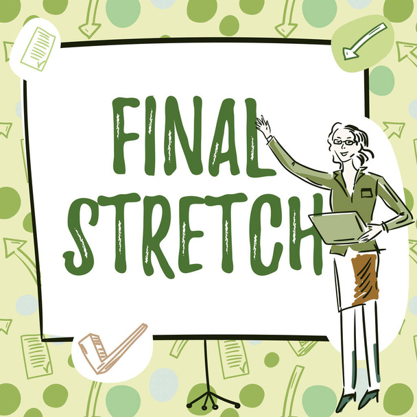 Концептуальний заголовок Final Stretch, концептуальна фотографія Остання нога Заключний Завершальний етап Рік Фінал Ділова жінка Постійне представлення графіків та нових чудових ідей
. - Фото, зображення