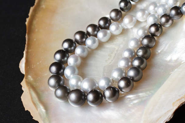 Biała perła naszyjniki i czarna perła naszyjniki na perłowej muszli - Zdjęcie, obraz