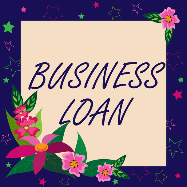 Text caption presenting Business Loan, Internet Concept Credit Mortgage Financial Assistance Cash Advances Debt Blank Frame Decorated With Abstract Modernized Forms Flowers And Foliage. - Photo, Image
