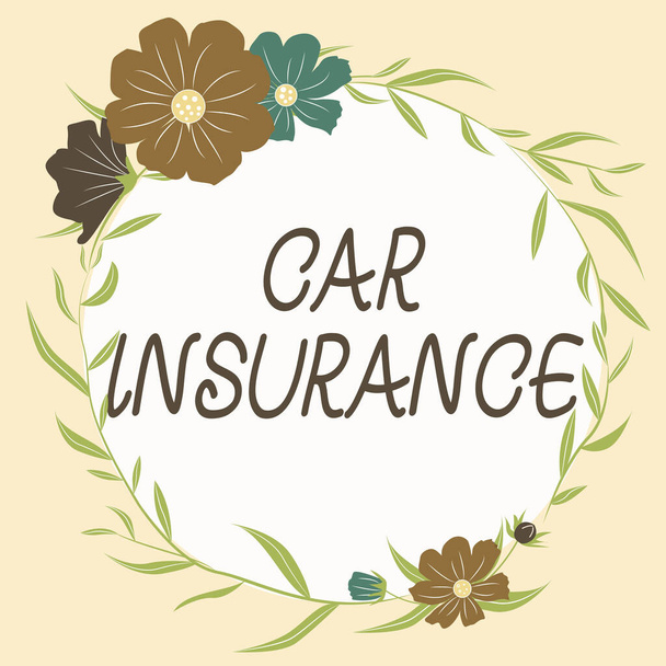 概念表示自動車保険、事業概要事故対応総合政策自動車保証カラフルな花や葉が調和して配置されたフレーム. - 写真・画像