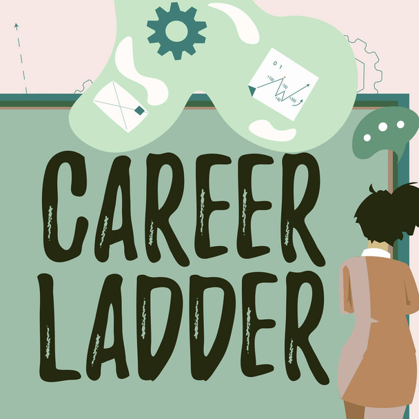 Conceptual display Career Ladder, Business concept Job Promotion Professional Progress Up Mobility Achiever Businesswoman prezentuje propozycje biznesowe i aktualizacje na pokładzie. - Zdjęcie, obraz
