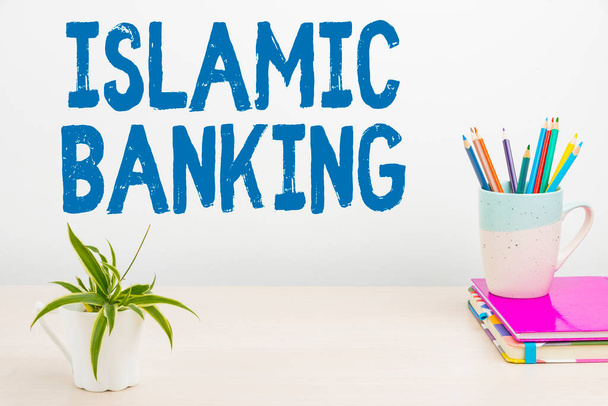 Pisanie wyświetlania tekstu Bankowość islamska, konceptualny system bankowości zdjęć oparty na zasadach islamskiego prawa Sprzątanie obszaru roboczego, Pisanie narzędzia biurko sprzęt, Smart Office - Zdjęcie, obraz