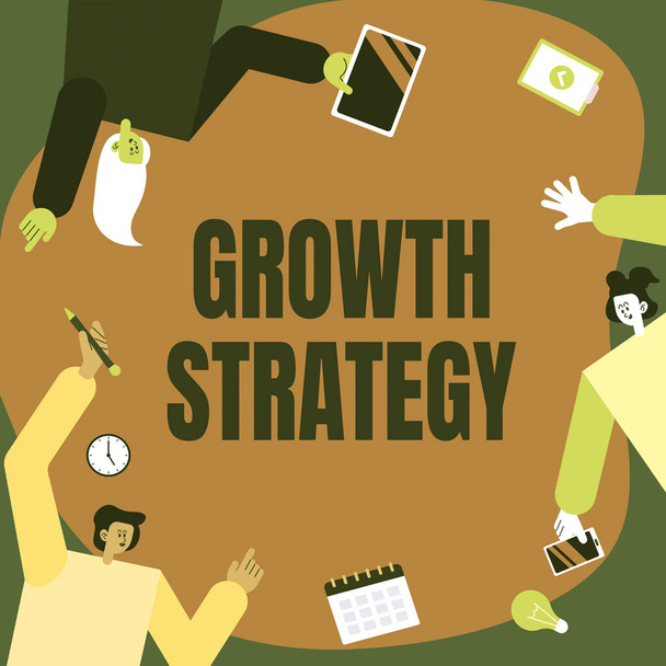 Стратегия роста, стратегия бизнес-идеи, направленная на увеличение доли рынка в кратчайшие сроки Коллеги, несущие S Украска мобильных приложений Определение командной работы. - Фото, изображение