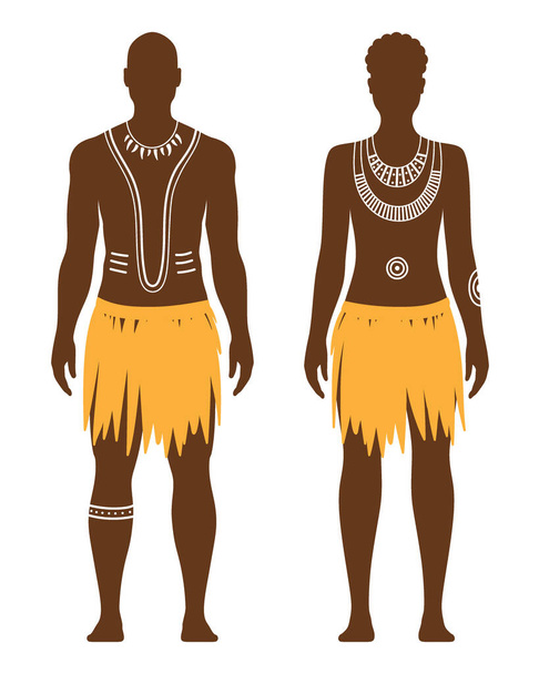 伝統的なボディアートと民族衣装を着たアボリジニの男性と女性は、白い背景に孤立して立っています。アフリカの部族人間のベクトル図. - ベクター画像