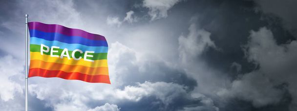 Rainbow peace flag on a cloudy sky, three dimensional render - Fotó, kép