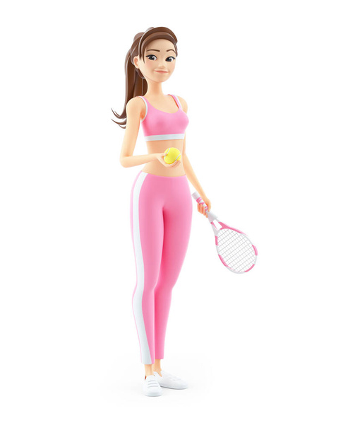 3d sportliche Frau mit Tennisschläger und Ball, Illustration isoliert auf weißem Hintergrund - Foto, Bild