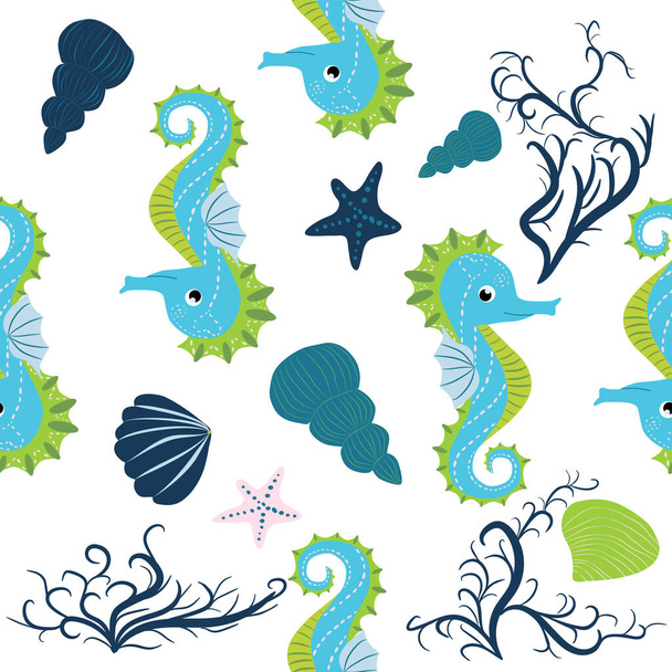 Cute seahorses cartoon seamless pattern. Hand drawn ocean animals. Nautical beach, Sea life fun underwater aquarium print. - Vector, Image