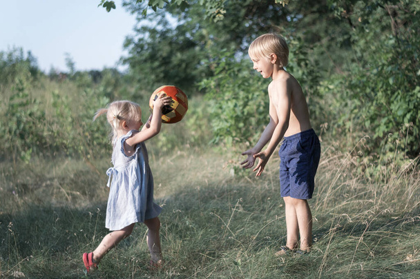 Little brother and sister play with ball in the park. Kids play outside. Siblings have fun outdoors - Valokuva, kuva