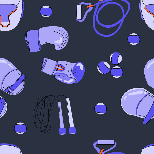 Various Sport equipment. Boxing inventory and accessories seamless pattern. Boxing gloves and paws, skipping rope, helmet, balls. Healthy lifestyle concept. - Vettoriali, immagini