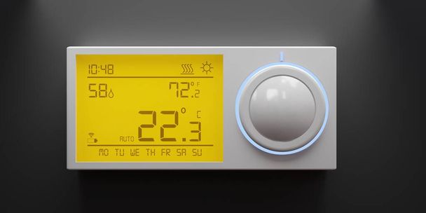 Цифровой термостат на темной стене, Прибор контроля температуры домашнего отопления, вид спереди, Энергоэффективность. 3D рендеринг - Фото, изображение