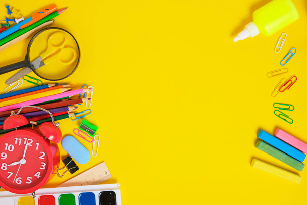 School supplies and stationery yellow background.Preparing child for school - Zdjęcie, obraz