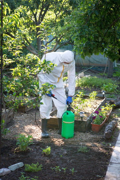 Het proces van de behandeling van planten met pesticiden. Een boer in een beschermend pak en masker bereidt een bestuiver voor op het werk. - Foto, afbeelding