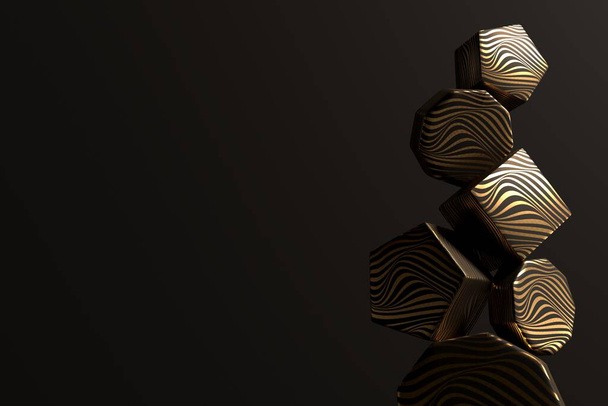 Soyut 3D görüntüleme tasarımı koyu arkaplan üzerinde siyah ve altın nesneler olan şablona hazır - Fotoğraf, Görsel