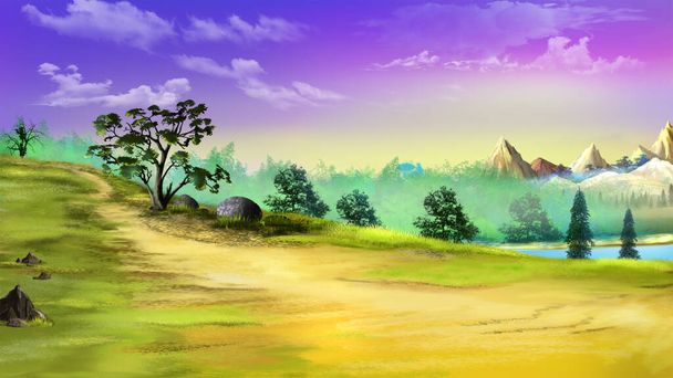 View of the mountains from the hill above the river. Digital Painting Background, Illustration. - Photo, Image