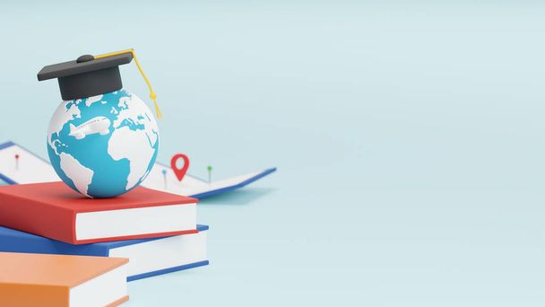 Study abroad concept design of world with graduation cap and plane map pin and location sign 3D render - 写真・画像